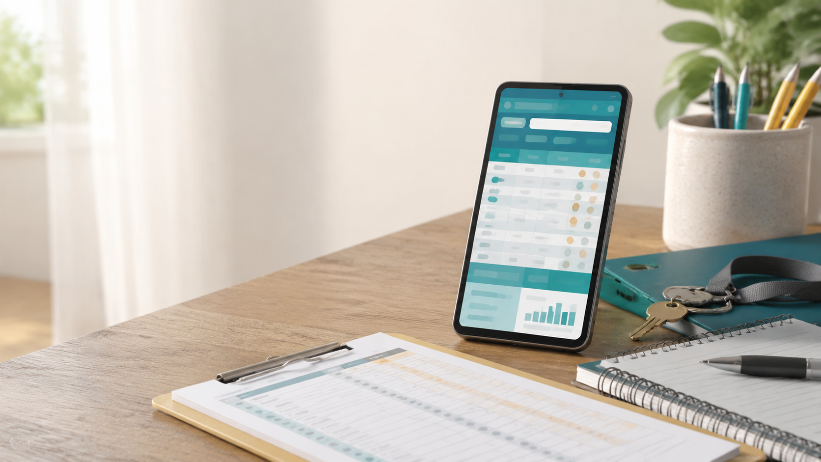 A generic mobile pay log interface on a teacher's desk with a notebook, keys, and paper records.
